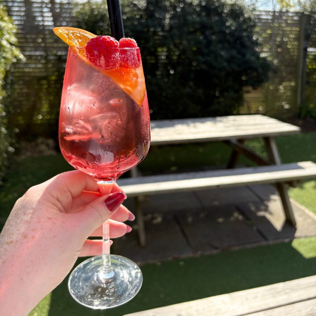 Wildshark Spritz in a pub garden - refreshing with raspberries and a orange wedge